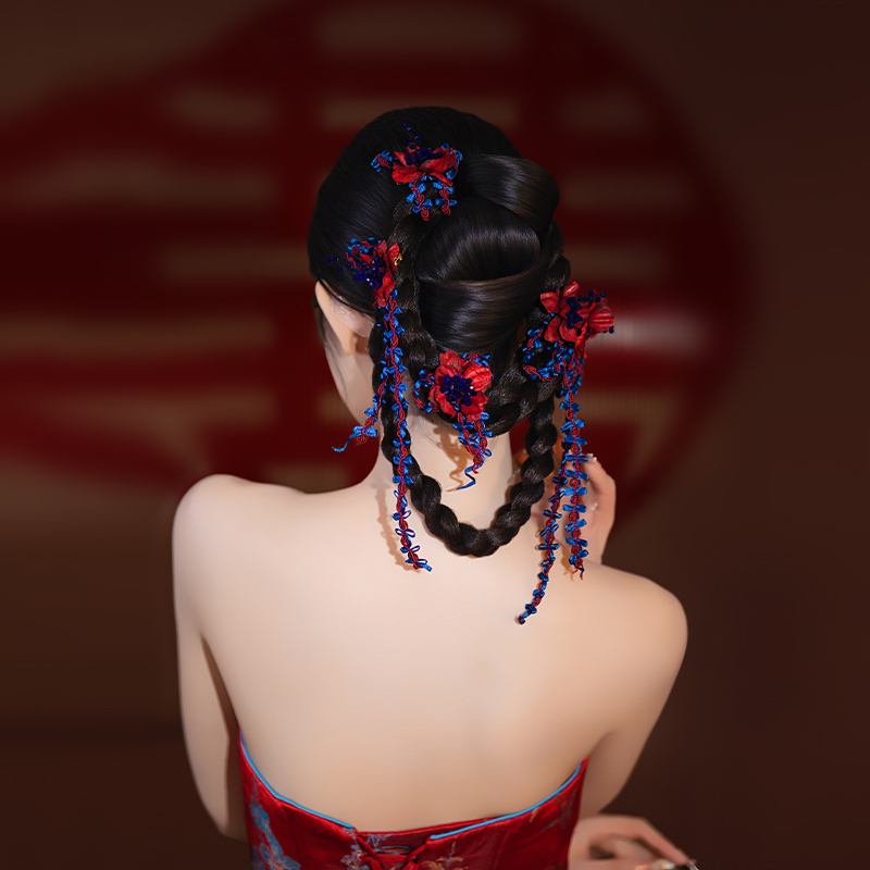 非金属布艺婚庆饰品 新中式订婚新娘结婚敬酒服红蓝撞色头饰D0636