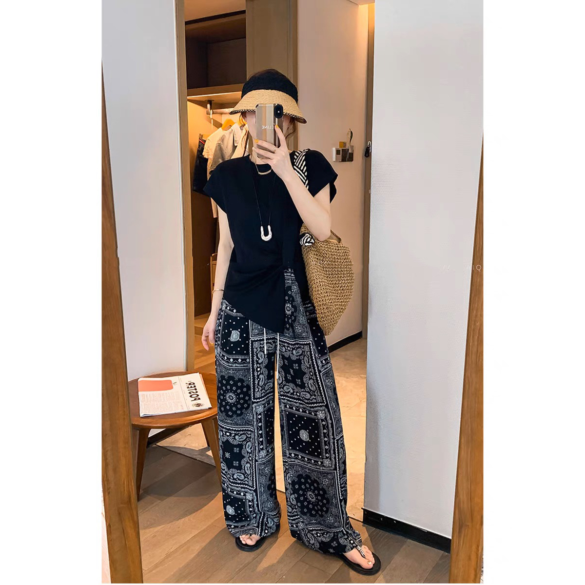 （乌兰图雅）圆领短袖不规则扭结T恤2025夏新款设计感上衣#TZ6128#