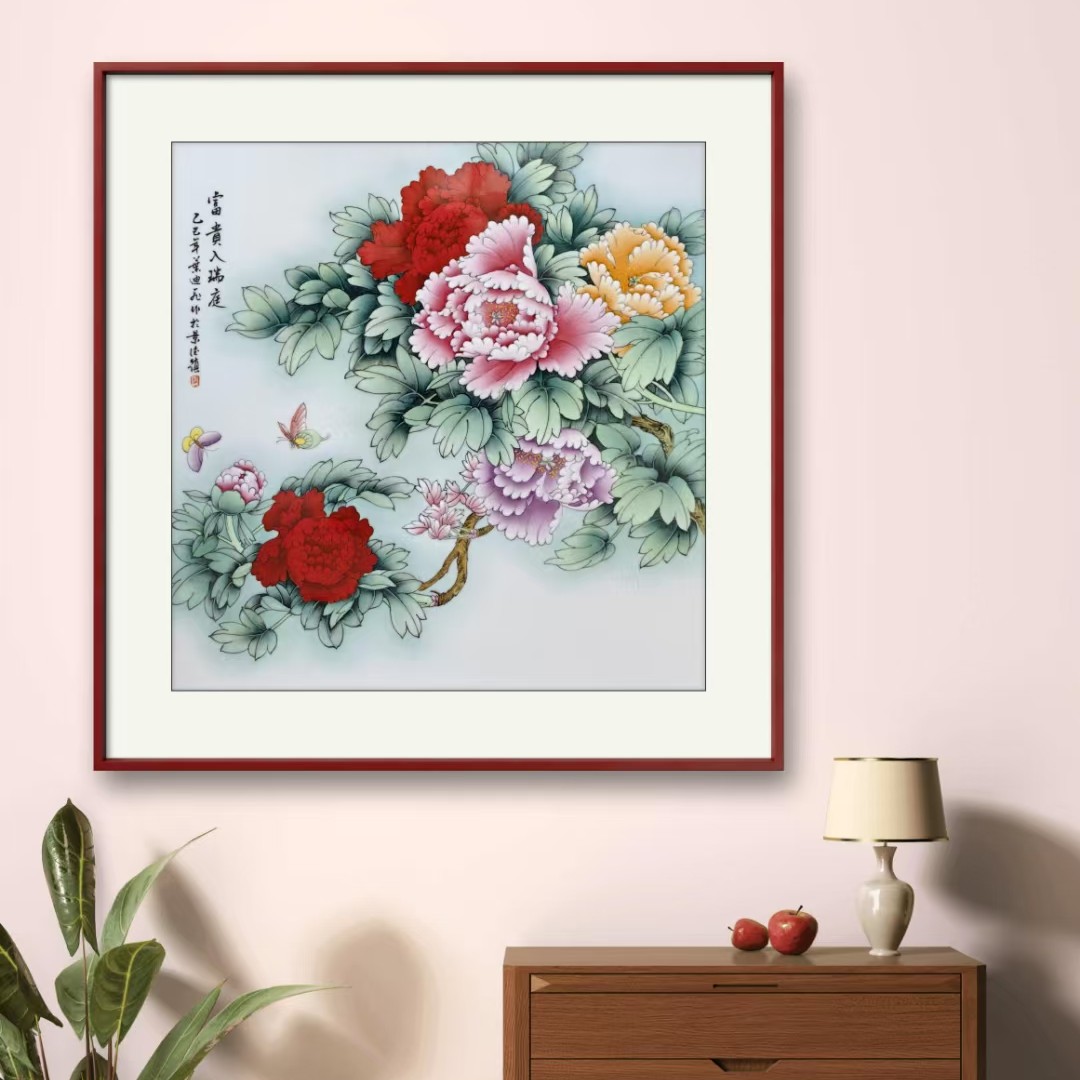 景德镇手绘粉彩瓷板画叶迪飞的富贵入瑞庭家居装饰瓷板75*75cm