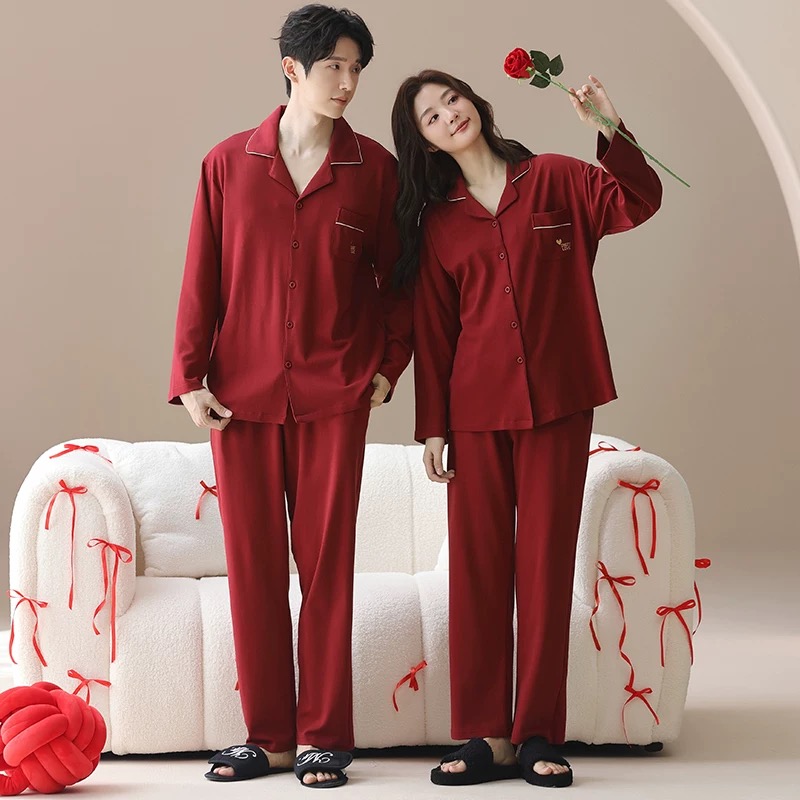 加大码拉架棉情侣红色睡衣女春秋季长袖结婚新婚本命年男士家居服
