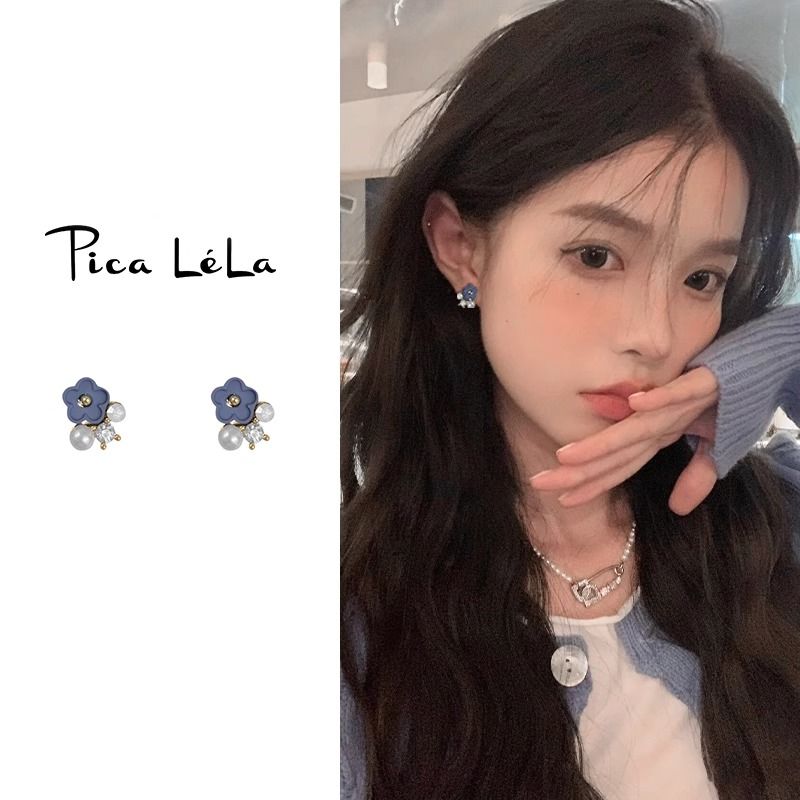 蓝色花朵耳夹女简约气质耳坠可爱甜美小众设计感2025新款春天耳饰