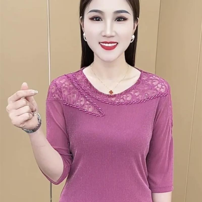 秋季新款时尚圆领镂空蕾丝设计洋气长袖小衫休闲百搭七分袖上衣女