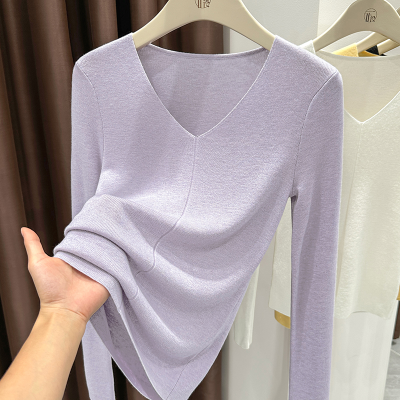 小众紫色V领长袖针织衫上衣女秋季新款内搭T恤小衫软糯舒适打底衫
