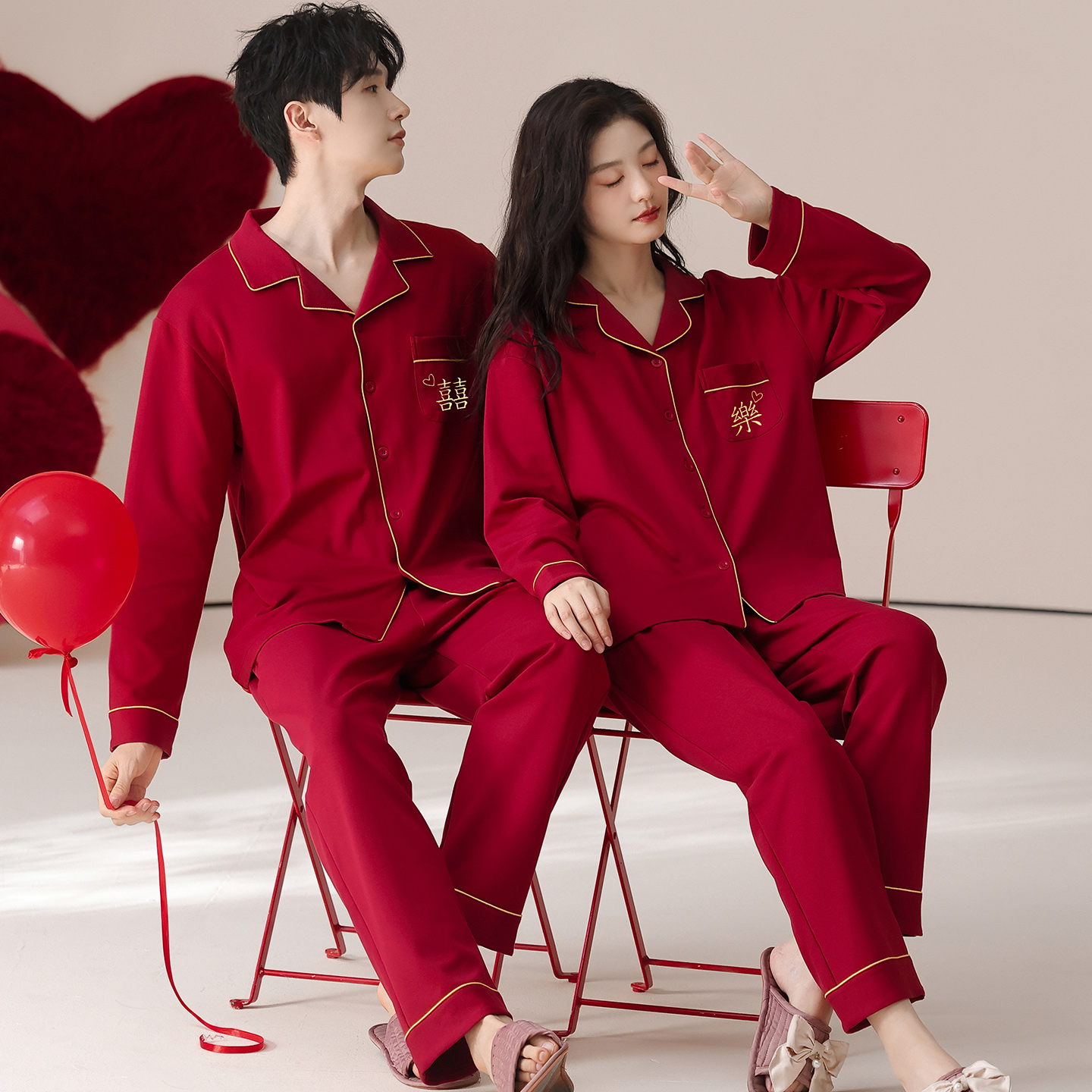 100%纯棉结婚睡衣新婚情侣套装春秋季长袖加肥加大码红色家居服冬