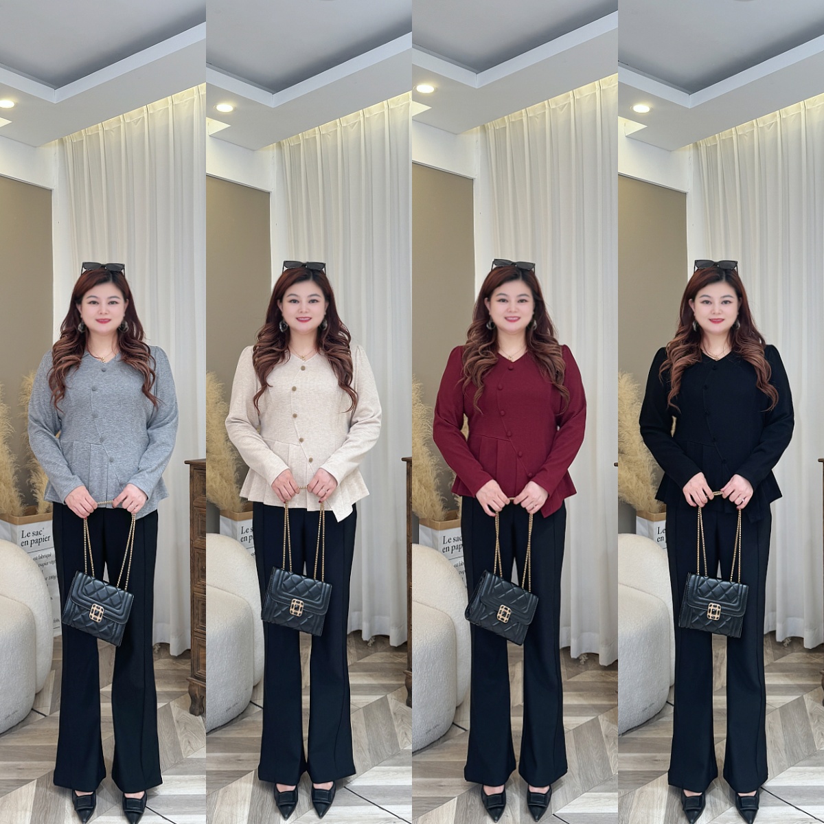 【上新上衣】PMM82159早秋新款气质百搭V领捏褶收肚子上衣大码女