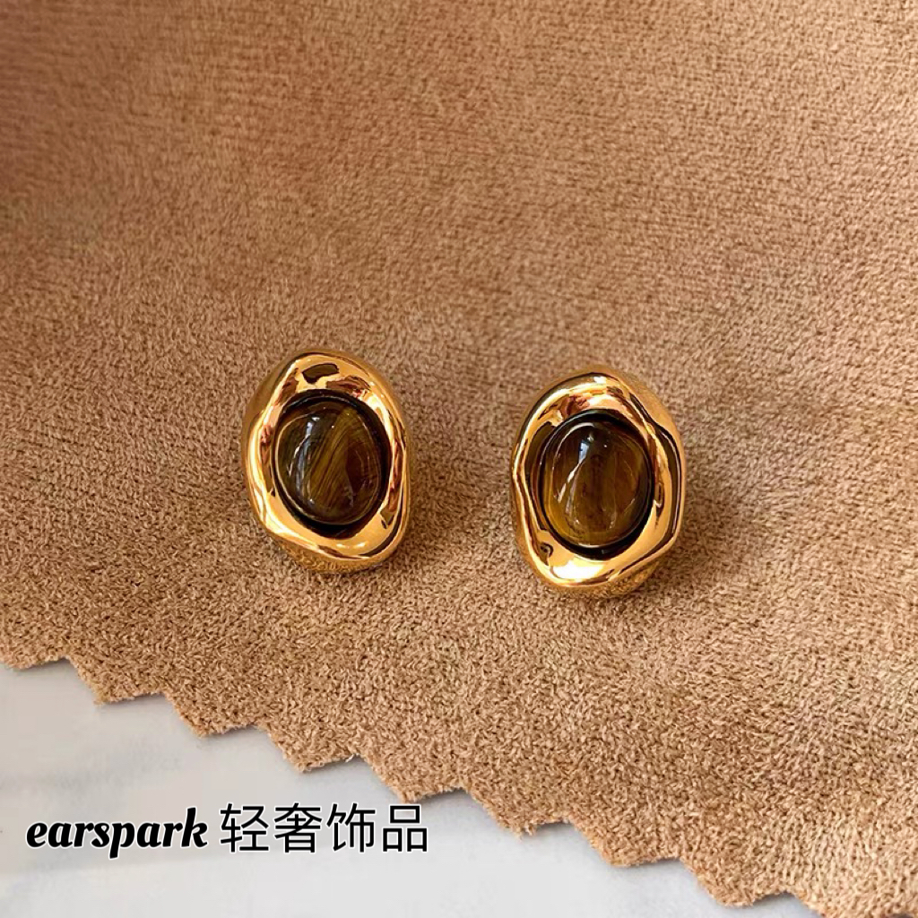 EarSpark 黄铜耳饰 虎眼石耳钉百搭气质轻奢耳饰