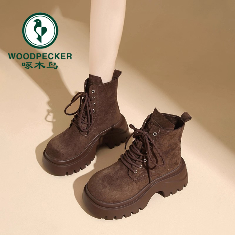 啄木鸟复古磨砂马丁靴女2025秋季新款百搭中筒女靴英伦风厚底短靴