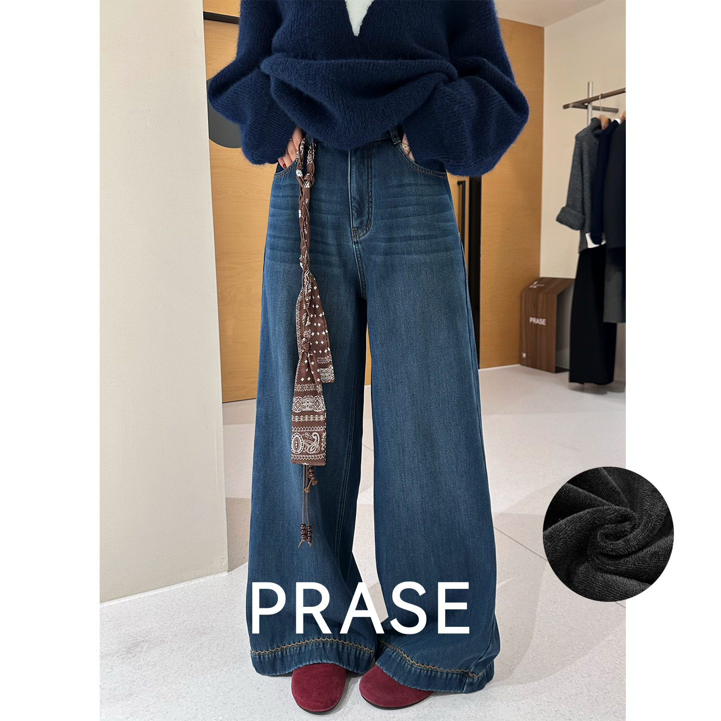 PRASE·噜【丹宁格调】高个子显瘦天丝棉绣花加绒牛仔裤女PR510B38/9