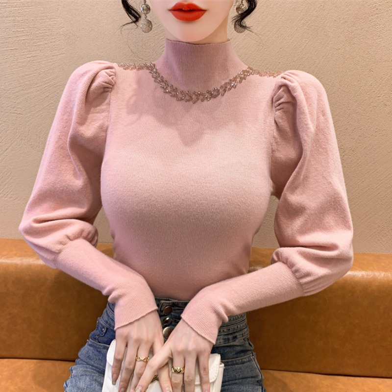 法式复古半高领钉钻打底针织衫女内搭洋气灯笼袖秋冬毛衣打底衫