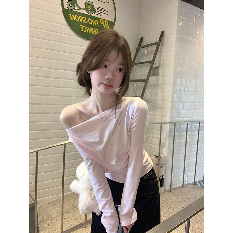 气质甜美风纯色斜肩T恤女2025新款修身显瘦减龄百搭长袖打底上衣