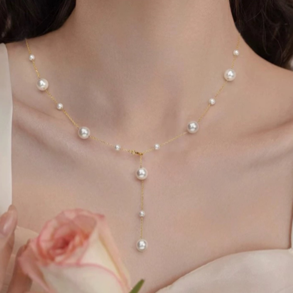 钛钢仿珍珠项链 满天星项链女轻奢小众流苏锁骨链时尚颈链56