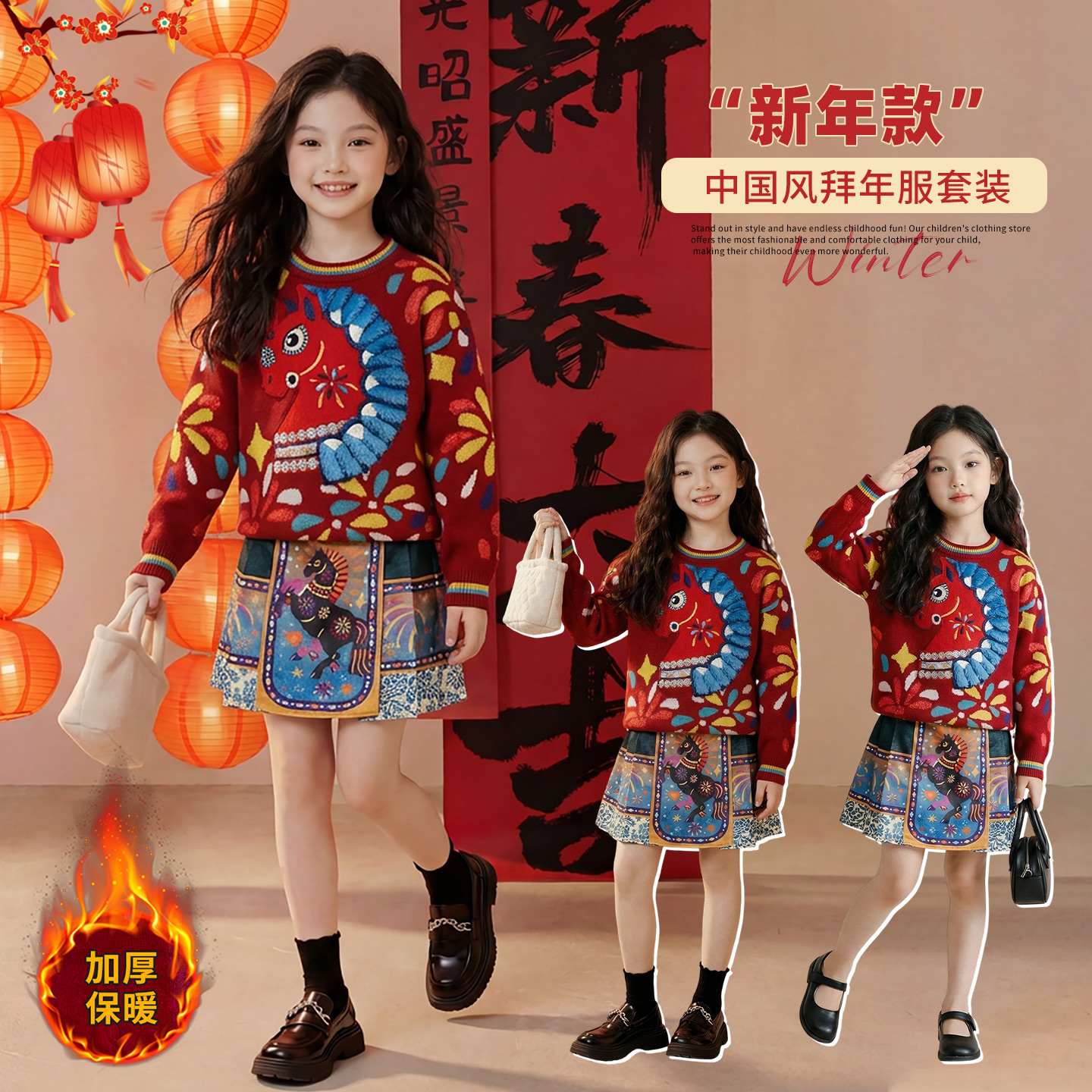 女童红色中国风小马毛衣2025新款喜庆几何图案针织衫时髦洋气套装