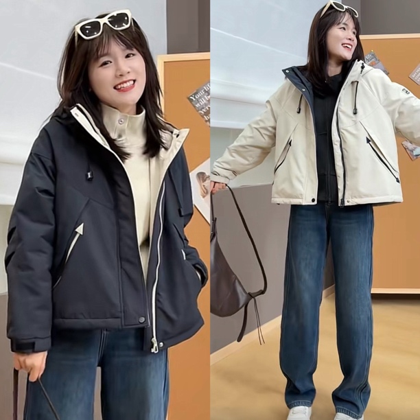 2025冬季时尚连帽加绒加厚冲锋衣外套女休闲超好看保暖派克服上衣