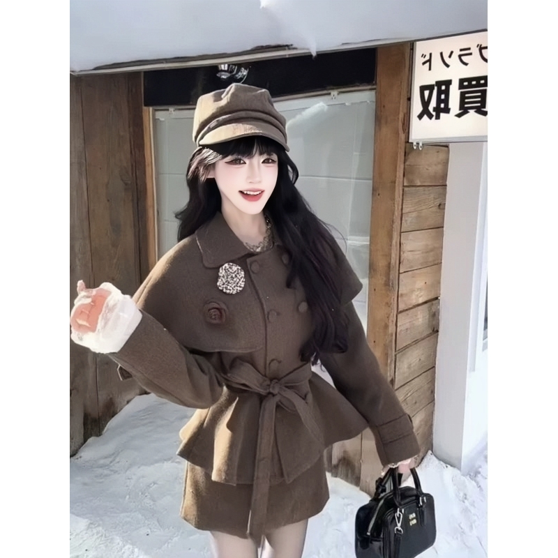 秋冬英伦风复古小香风套装毛呢棕色双排扣拼接斗篷外套半身裙套装