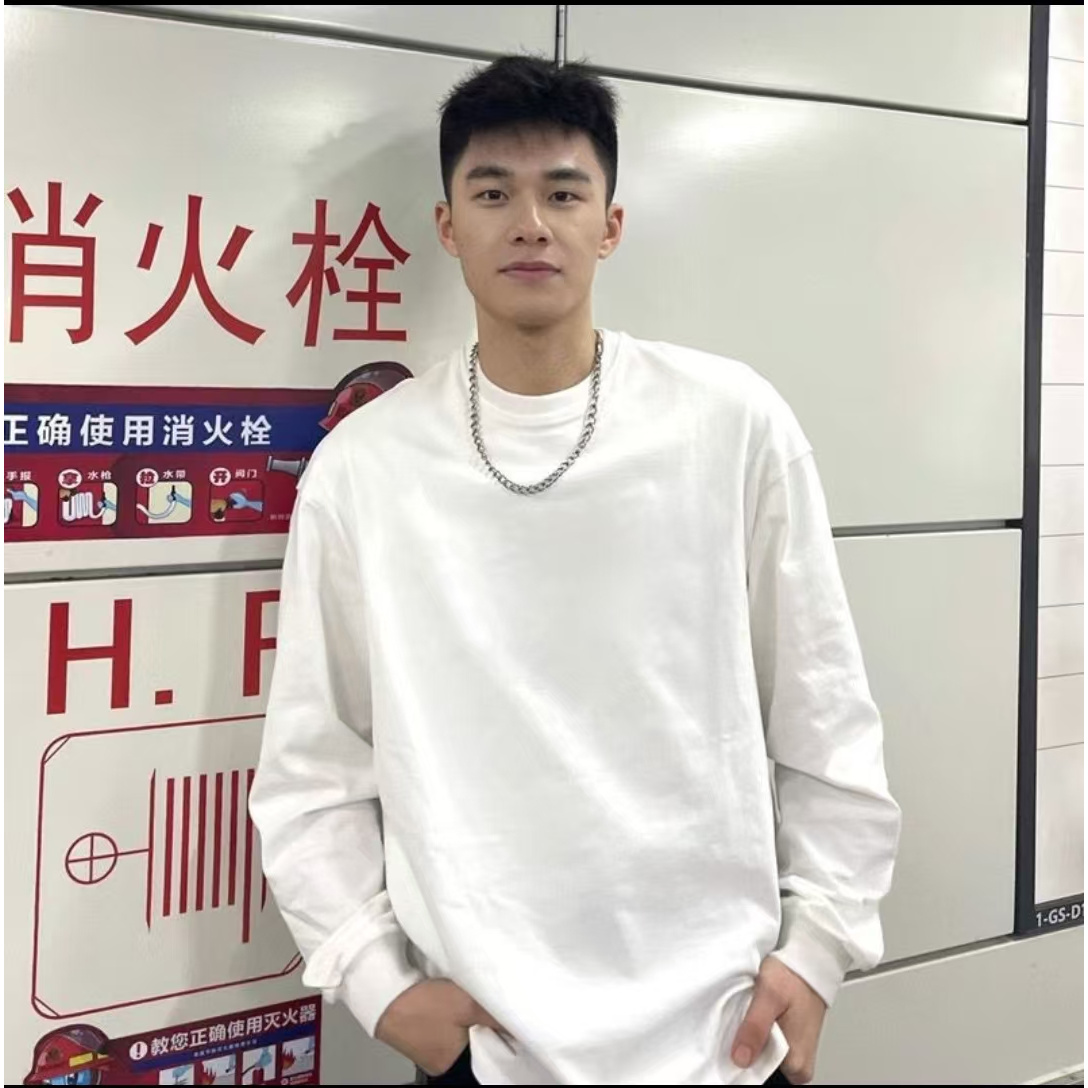 春装新款重磅300g纯棉长袖t恤男cleanfit宽松白色打底衫内搭上衣