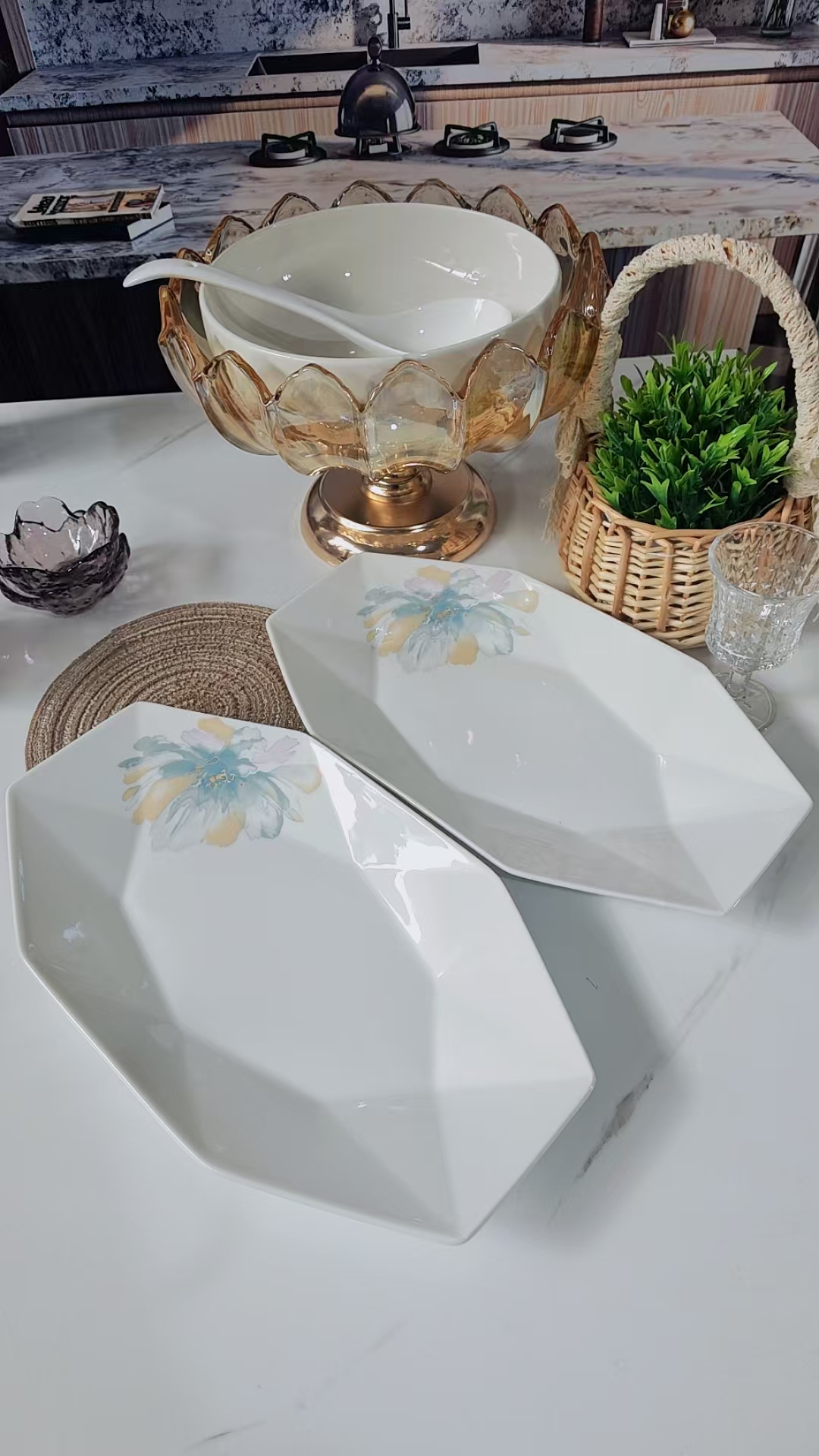 七彩绽放30厘米鱼盘2只装钻石陶瓷餐具套组轻奢高档家用