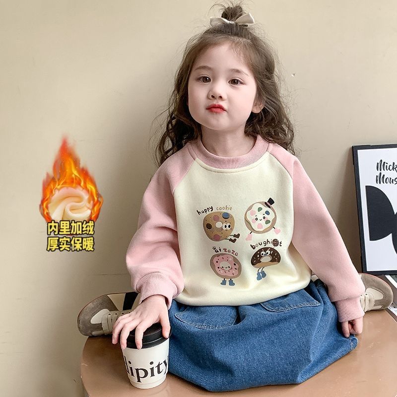 女童秋冬印花加绒卫衣2025新款儿童冬季长袖女宝宝韩版休闲上衣