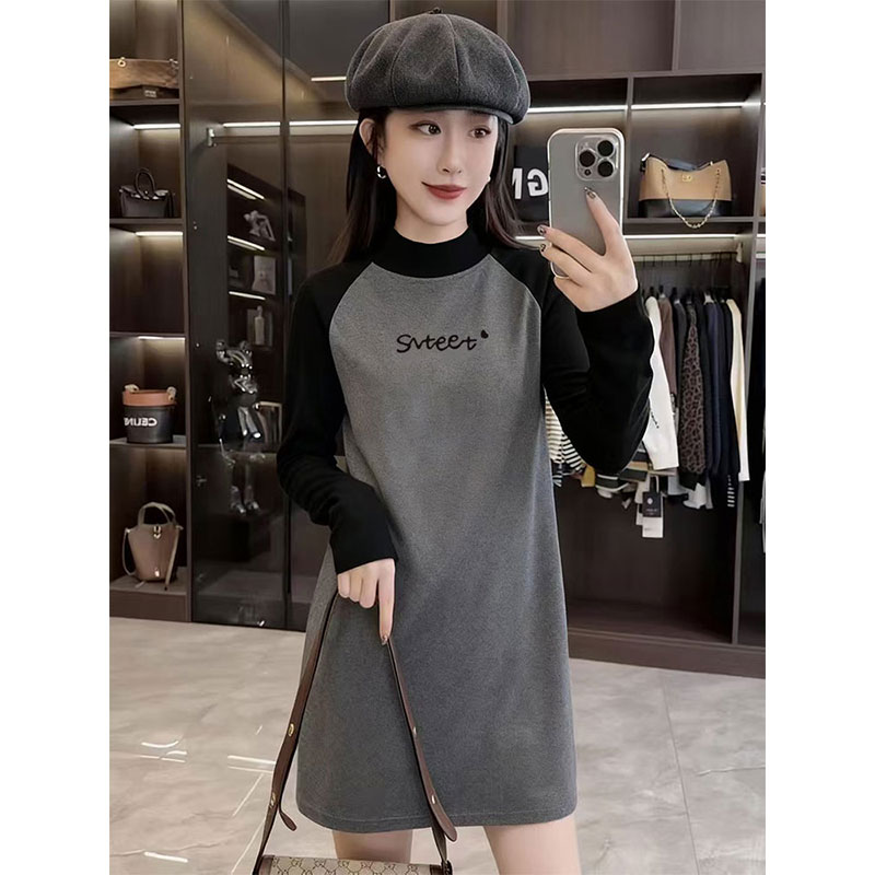 美式拼接撞色半高领插肩袖宽松显瘦双面德绒保暖女装长袖T恤上衣