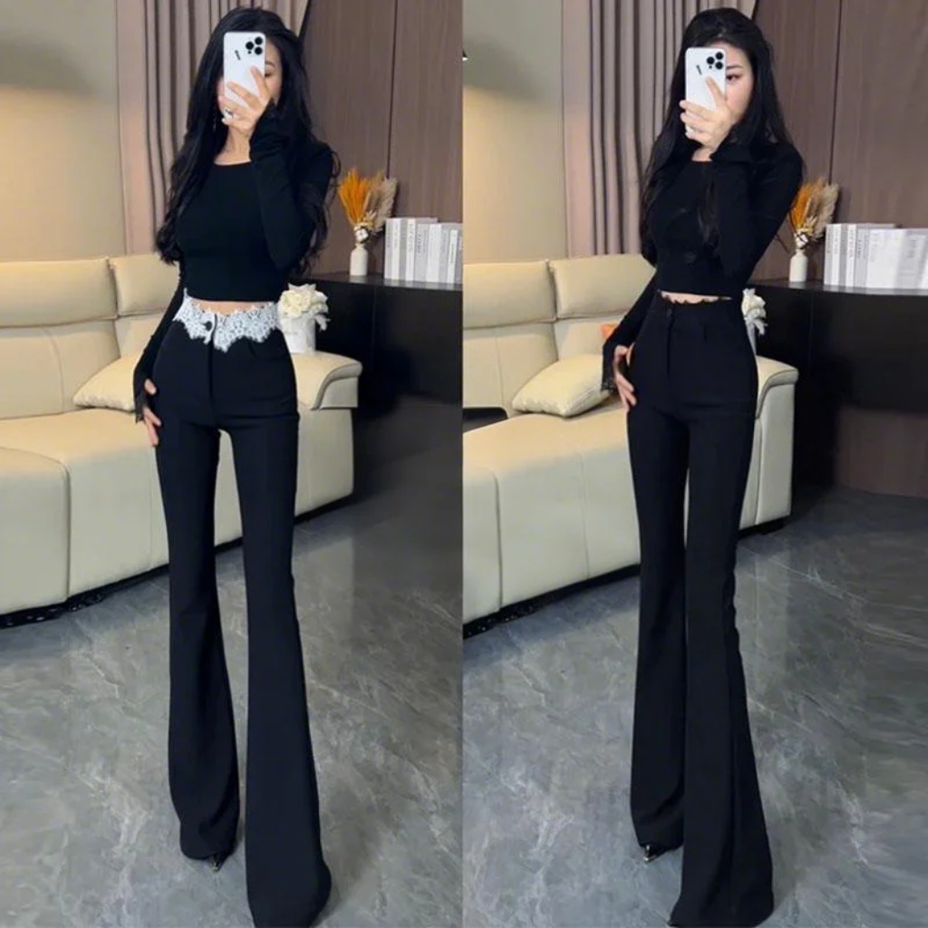 春秋2025新款设计感蕾丝拼接高腰黑色微喇裤女时尚气质显瘦长裤潮