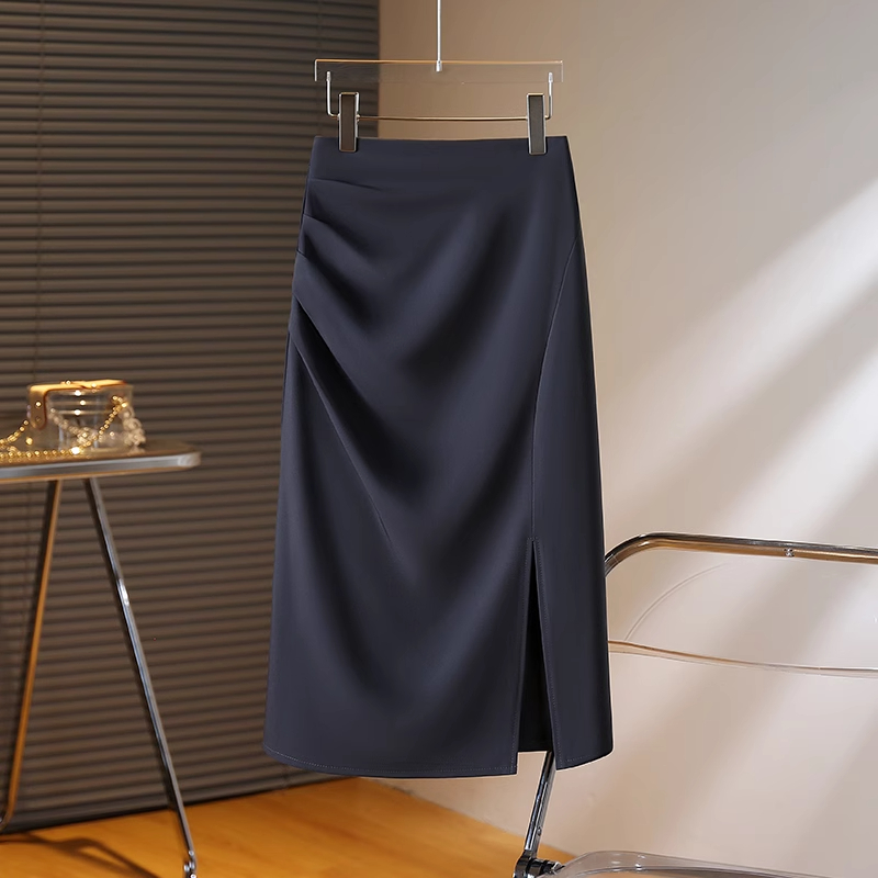 拉夏贝尔高腰纯色半身裙a字裙春秋2025年新款中长设计感开叉半裙