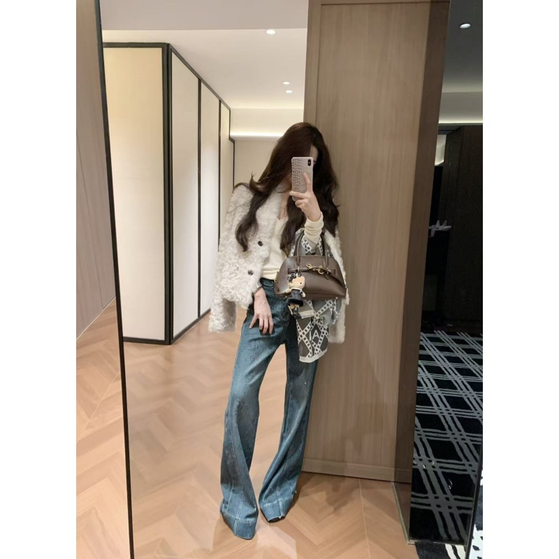 轻奢高级感气质休闲保暖纯色外套秋冬高腰垂感百搭阔腿长裤两件套