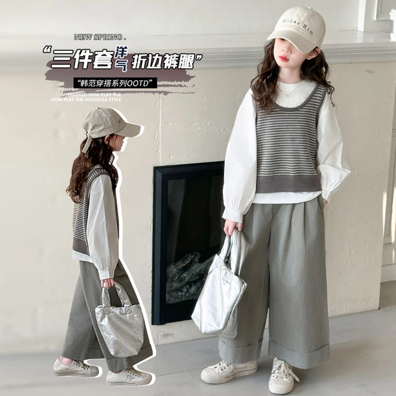 女童春装2025新款爆款女童春装针织马甲衬衫阔腿牛仔裤春秋三件套