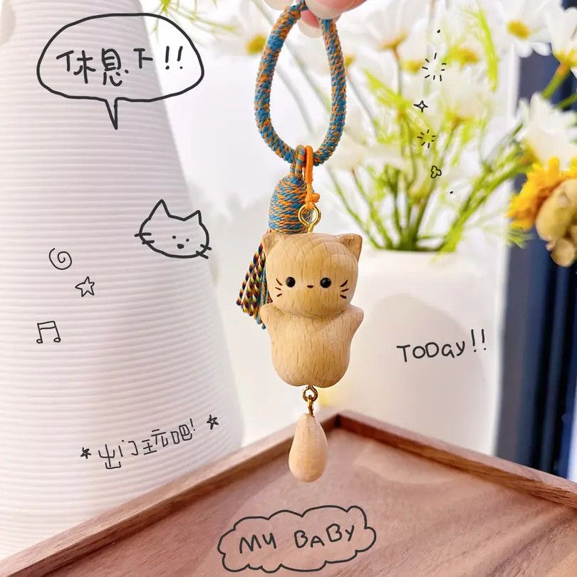 福气招财猫榉木钥匙扣diy摆烂猫流苏包挂节日礼物挂件钥匙挂件
