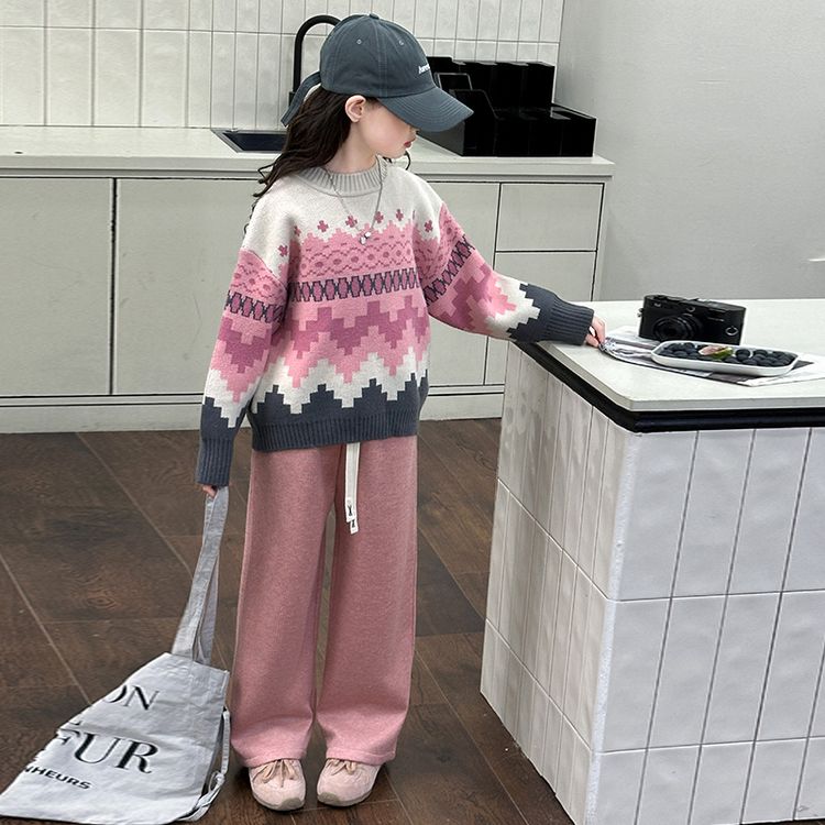 女童毛衣直筒裤套装2025秋冬新款洋气加厚针织衫冬季加绒阔腿裤子