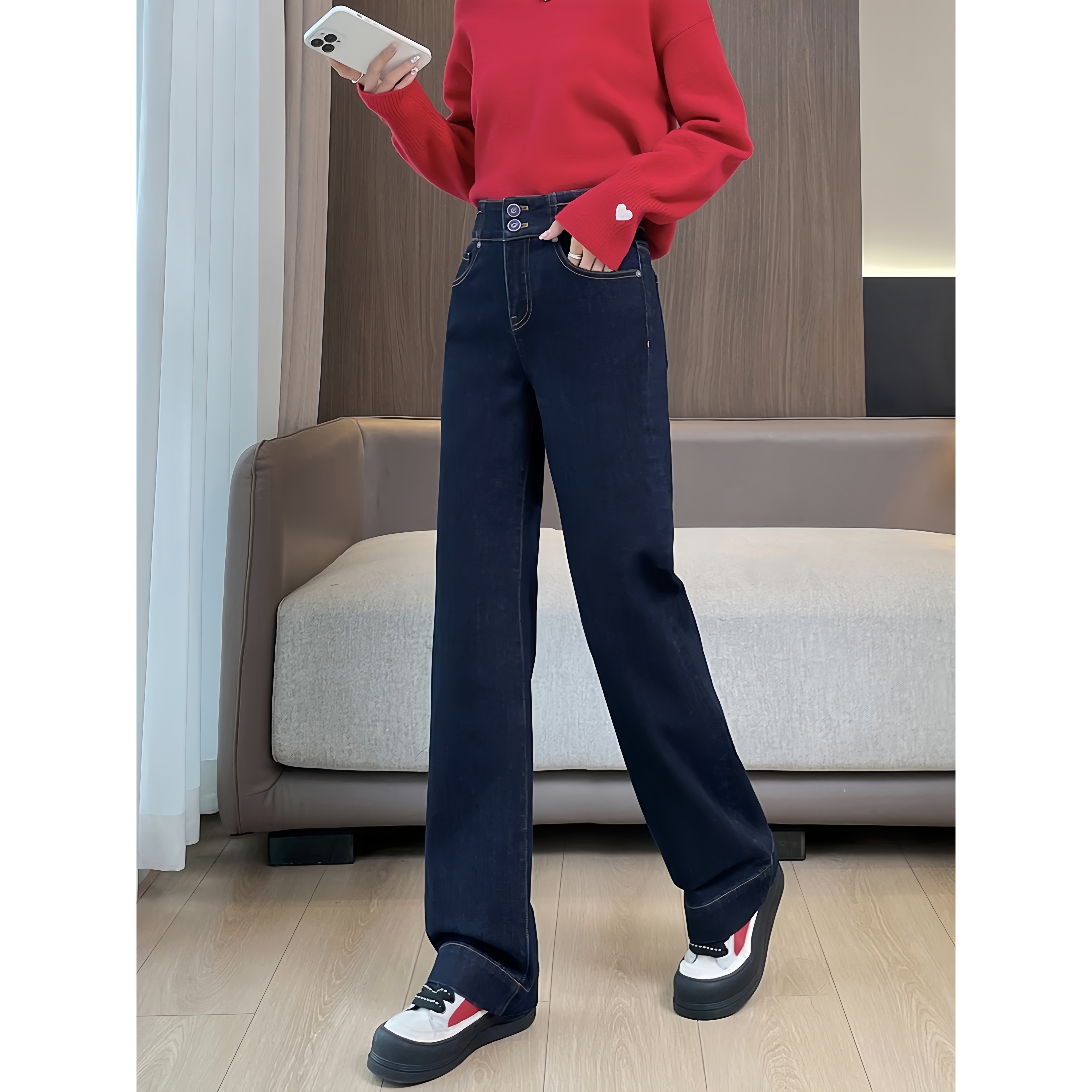 【4881幸运草】秋冬季新款磨毛抓绒丹宁蓝牛仔裤女宽松九分百搭长裤