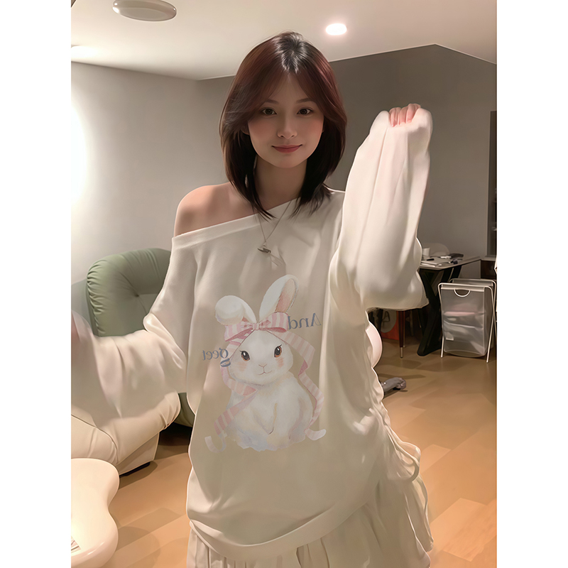 韩系甜美风字母时尚印花斜肩长袖女宽松抽绳设计感趣味休闲上衣服