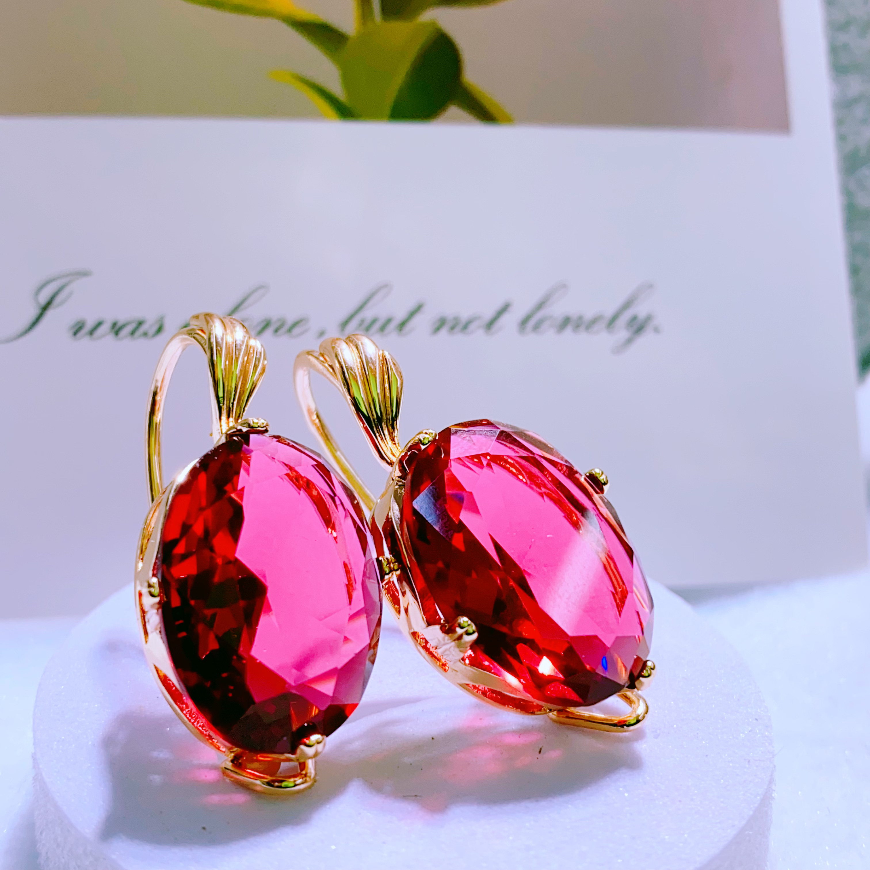 纯铜玻璃耳饰 ياقۇترەڭ مىس ھالقا چوڭ چىقىدۇ 玫红色耳环大号