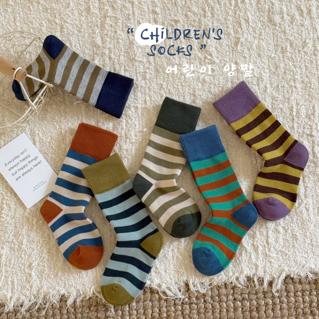 儿童袜子春秋款棉男女童中筒袜韩系复古条纹中大童宝宝潮袜秋季