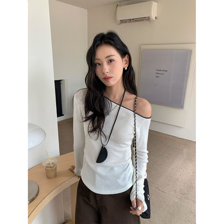 巨好看针织打底衫女内搭早秋韩系穿搭别致斜肩上衣530068
