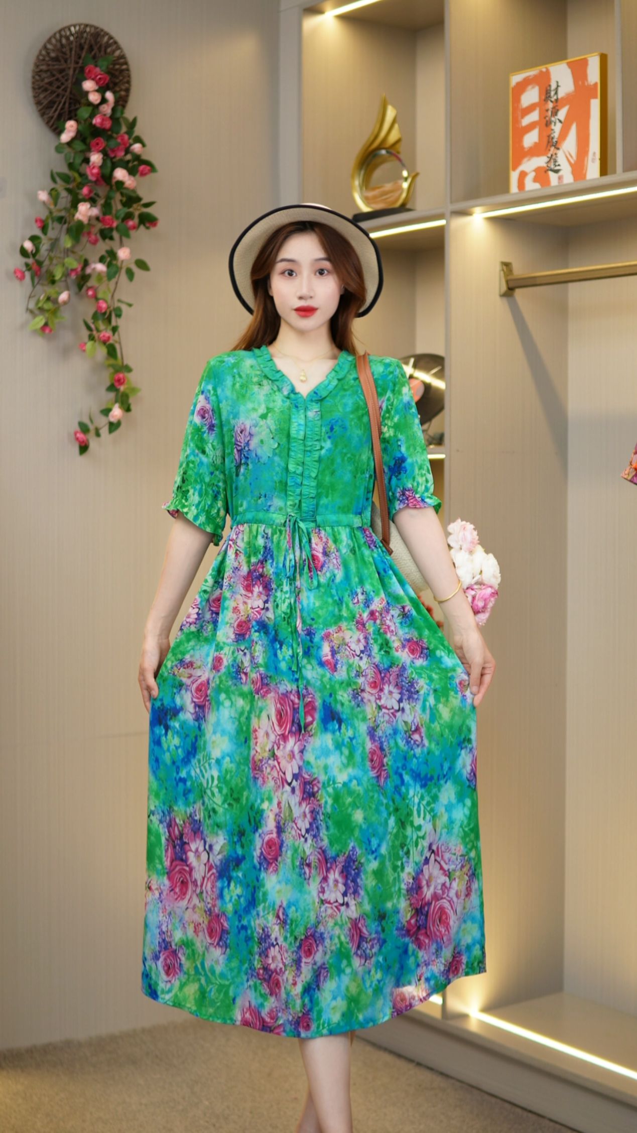 妈妈装连衣裙丝缎高工艺直喷中长袖女装【绿色花定位】PS