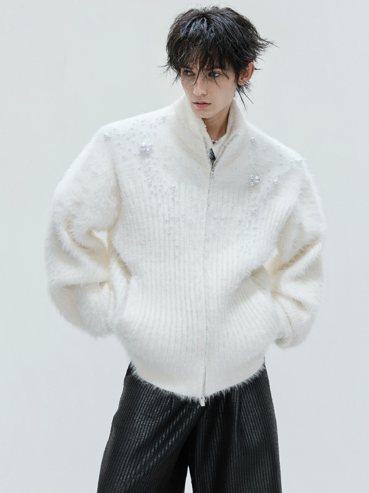 AR CulturE影逸 高领仿貂毛绒珍珠点缀毛衣 加厚针织衫开衫外套潮