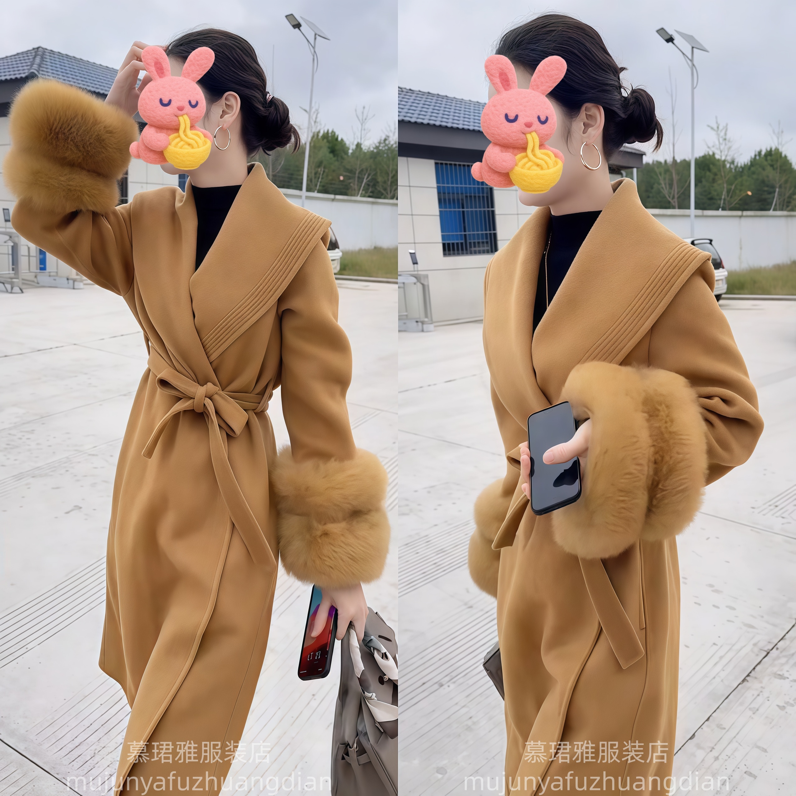 翻领宽松型拼接女极简风毛呢外套气质呢大衣网红毛呢