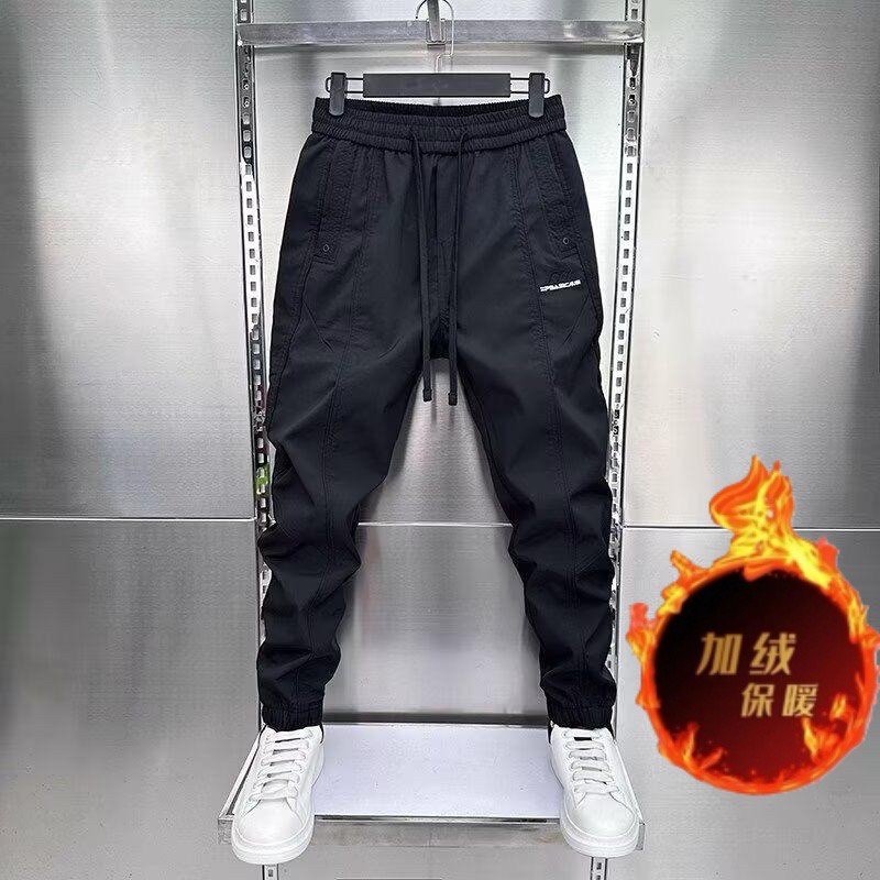 秋冬季新款男士拼接束脚休闲裤弹力松紧腰修身小脚裤刺绣纯色百搭