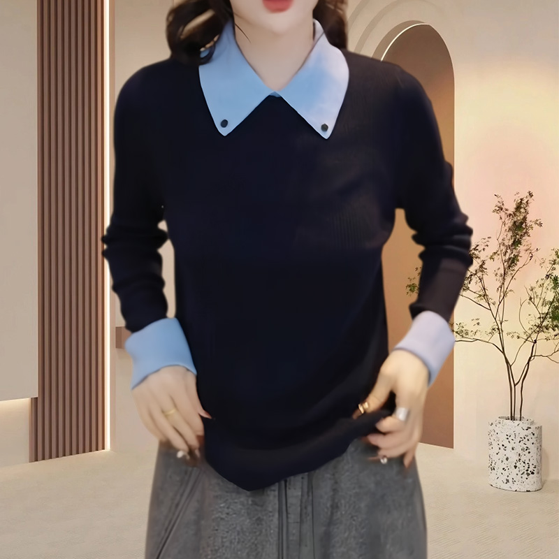 琥珀流光翻领长袖针织衫女秋冬新款大码胖mm修身显瘦拼色毛衣上衣