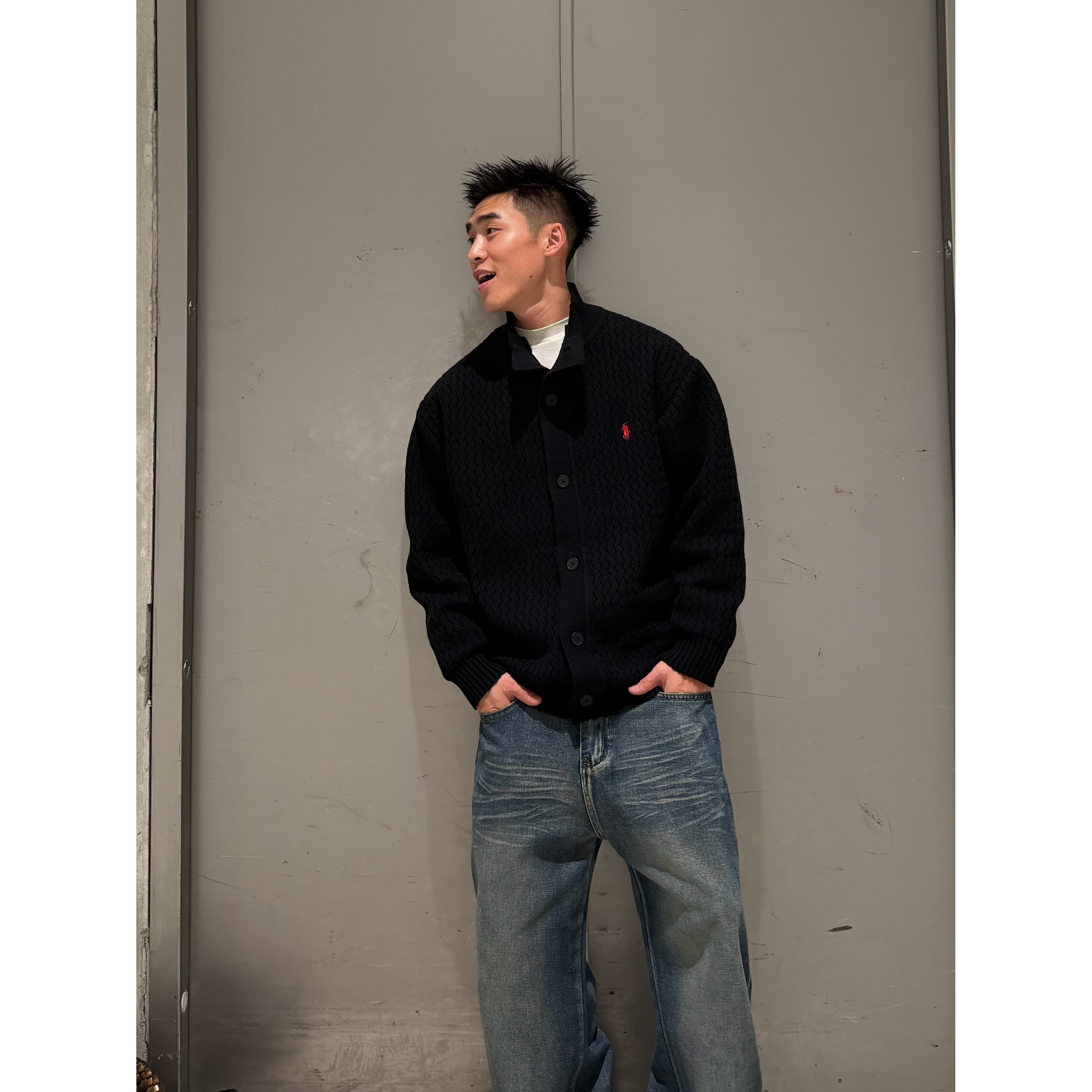 SFANG 秋冬季绞花立体针织毛衣男纽扣男士简约休闲立领开衫外套