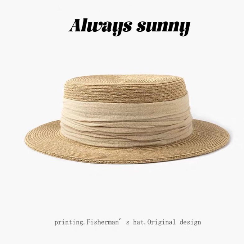 25S 度假风优雅气质平顶草帽女夏季海边旅游防晒遮阳帽法式帽子