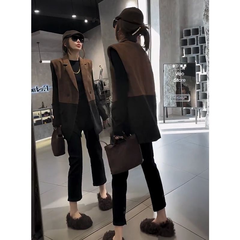 102欧洲站2025秋新设计款小众韩版休闲百搭宽松拼色西装领马甲潮