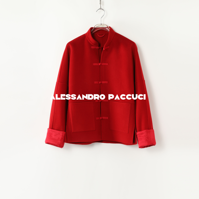 AP洛哥44060DS【岁华】黑标/绵羊毛国风立领盘扣袖口翻折双面呢大衣