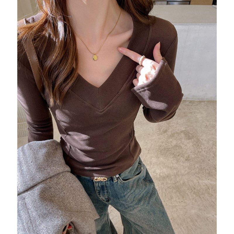 秋冬新款喇叭袖收腰v领螺纹打底衫女韩版修身显瘦气质长袖t恤上衣