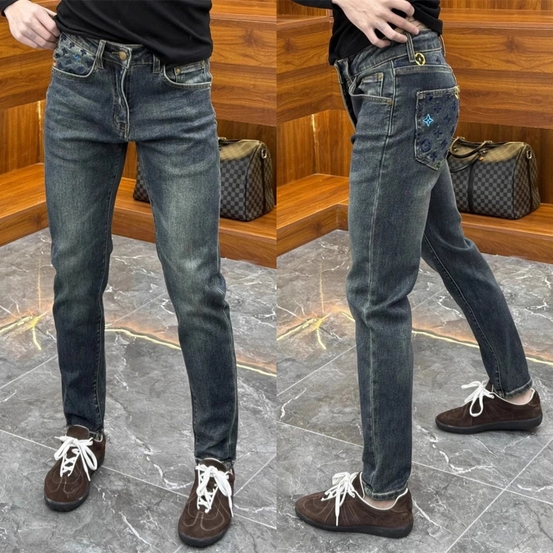 2025秋冬季加绒重工复古刺绣小直筒牛仔裤男士修身轻奢直脚铅笔裤