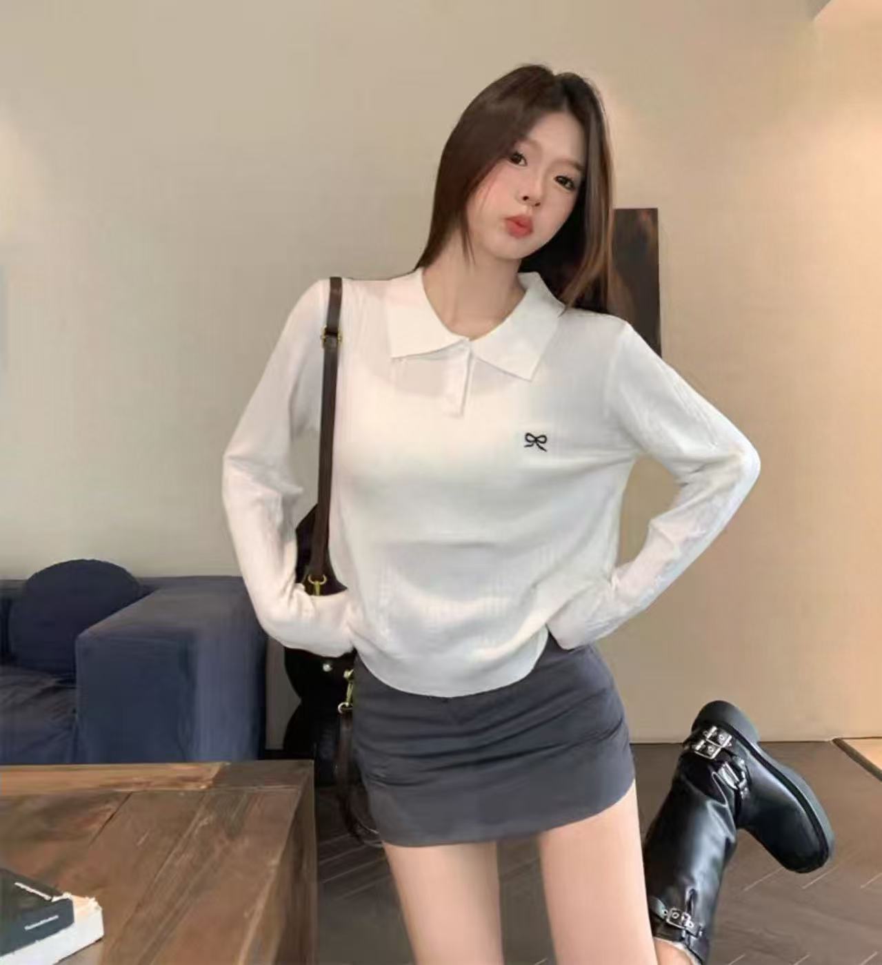 （G678）2025秋季新款大码正肩POLO领长袖针织衫女宽松显瘦遮肉上衣