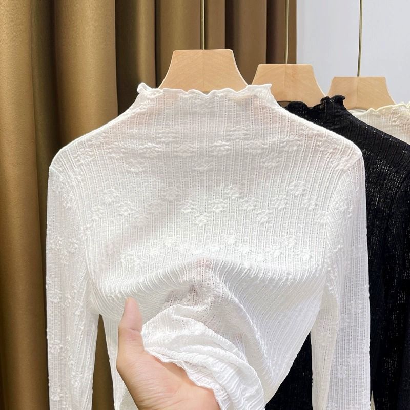 半高领网纱打底衫女春秋小香风内搭长袖小衫木耳边洋气蕾丝衫上衣