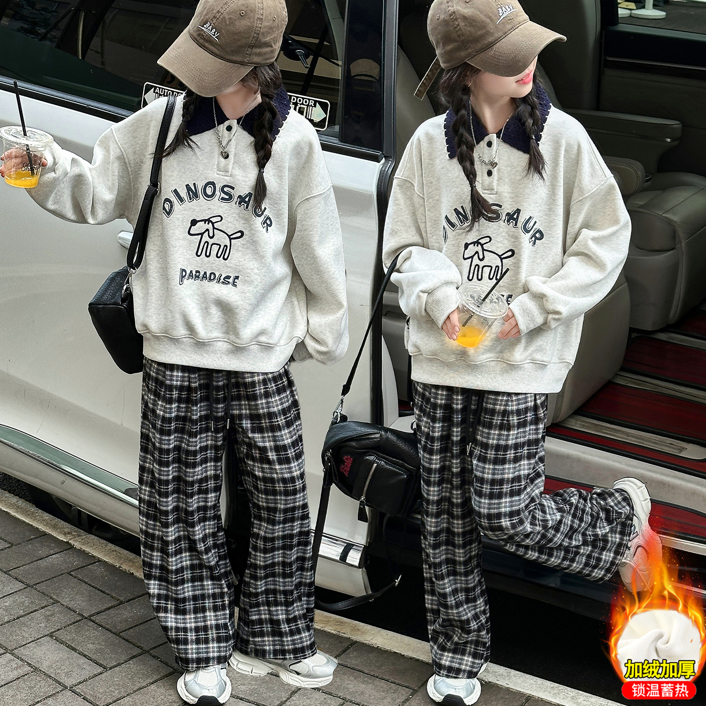 女童秋冬款加绒卫衣套装2025新款儿童加厚polo衫女大童秋装格子裤