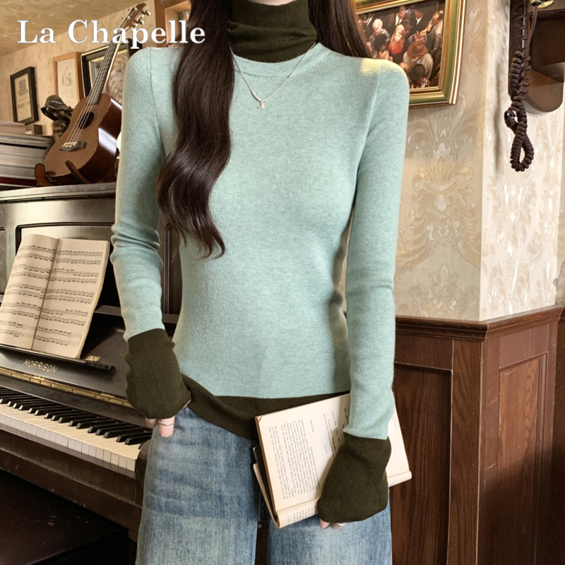 拉夏贝尔假两件撞色高领长袖针织衫女秋冬毛衣打底衫内搭叠穿上衣