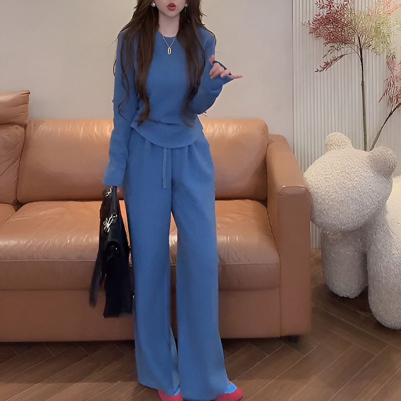 韩版洋气蓝色休闲运动套装女春新款修身复古长袖上衣阔腿裤两件套