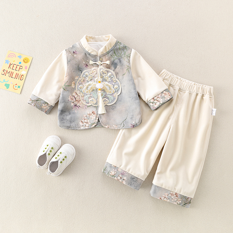 婴幼儿秋装套装中国风抓周百天少爷服两件套周岁礼服男宝宝外出服